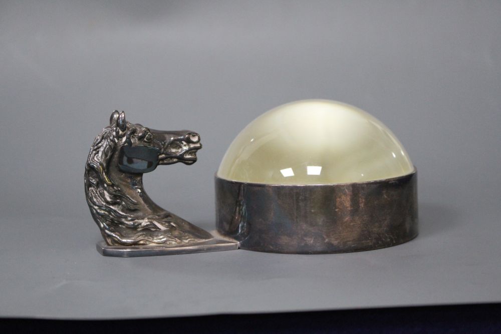 A silver plate mounted desk magnifying glass with horses head handle, retailed by Hermes, Paris,